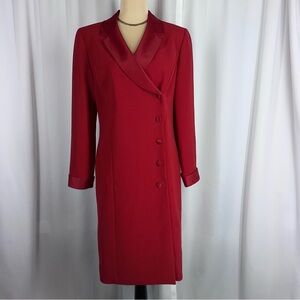 Kasper ASL Long Coat Dress Sz 10 Deep Red Single Breasted Off Center 5 Buttons